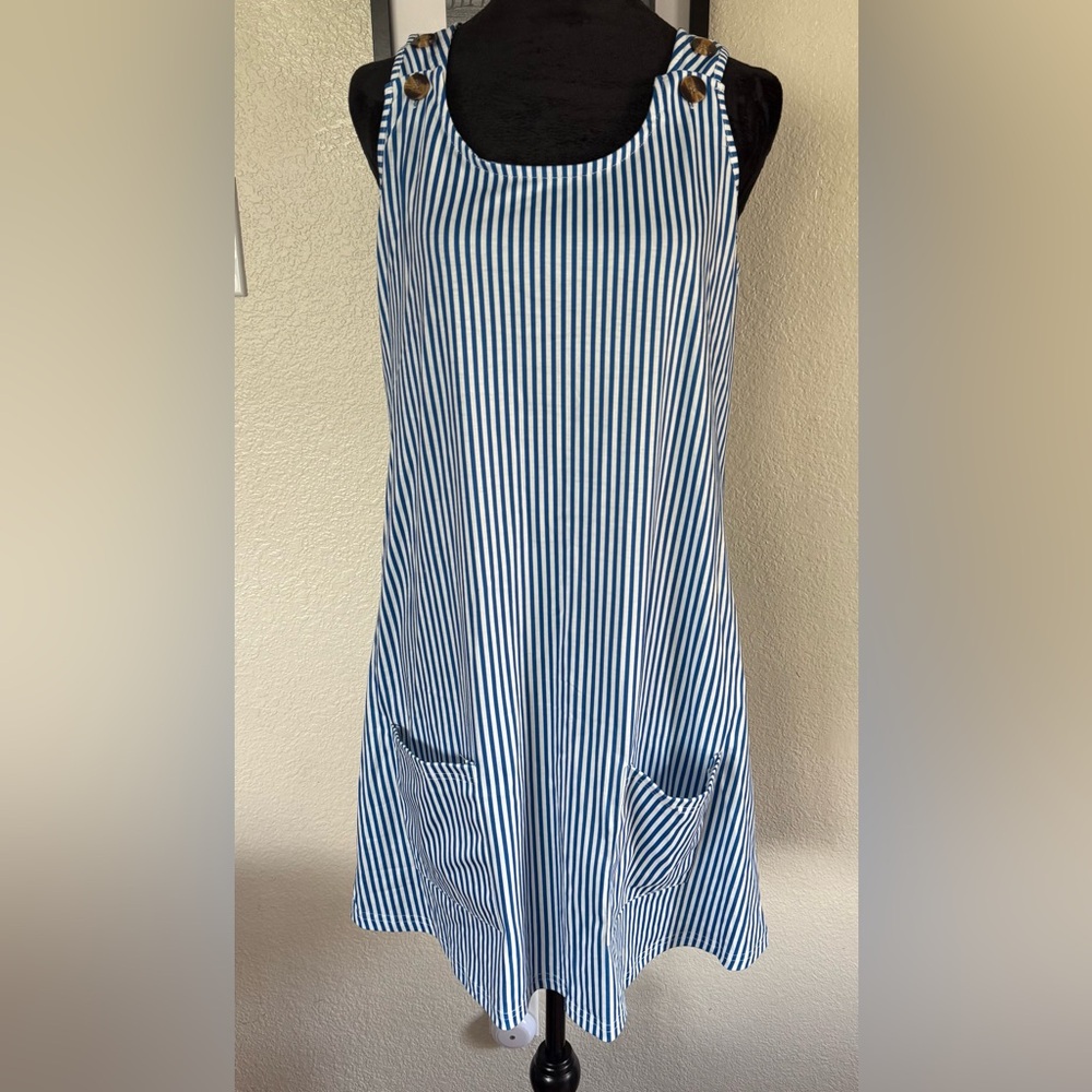 ETCYY New Women's Medium Dress Blue/White Stripe With Pockets